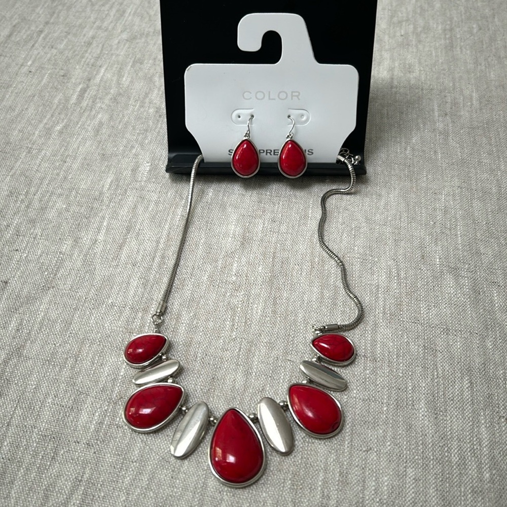 Semiprecious Red Stone and Silver Necklace and Earring set